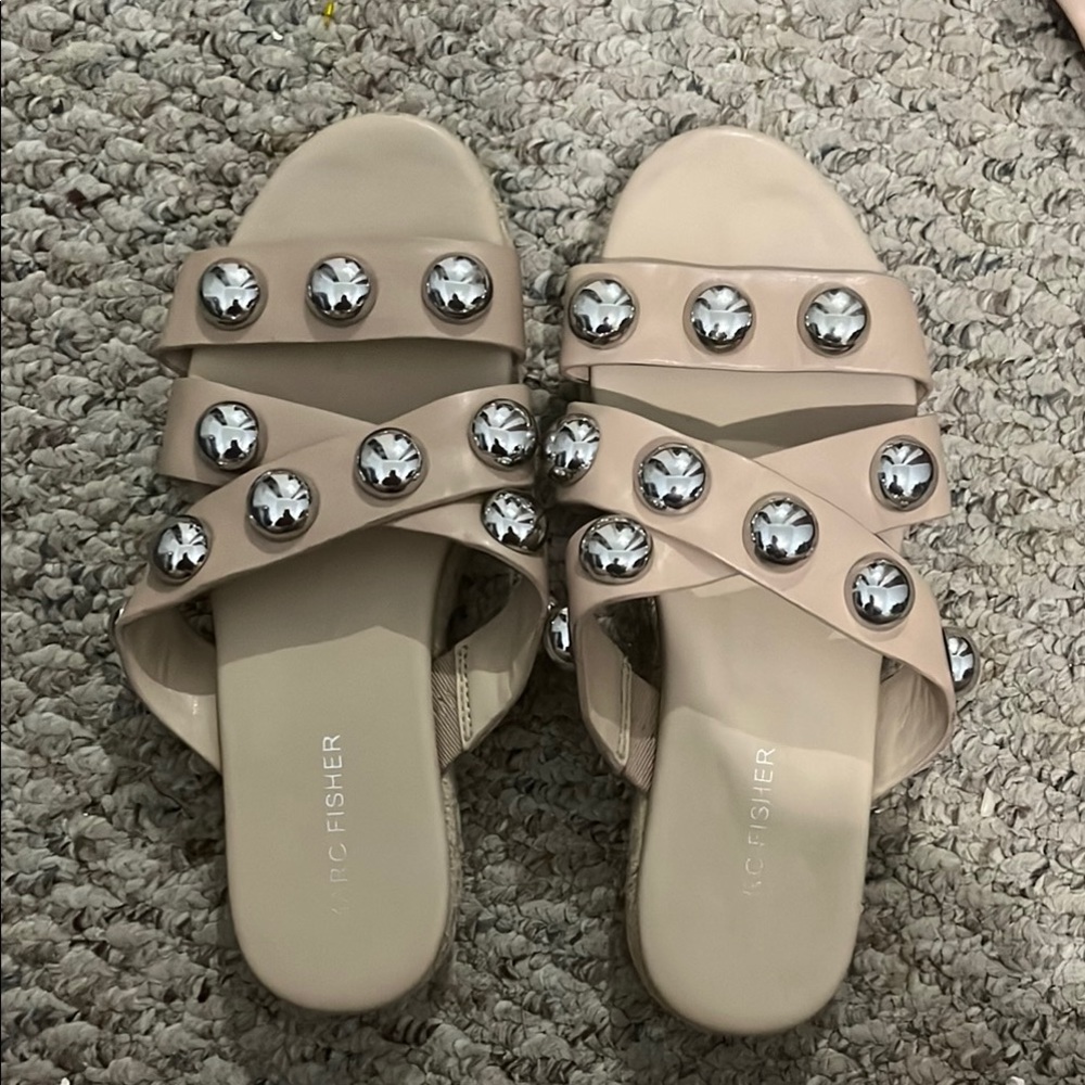 Marc Fisher Cream Silver Studded Sandals